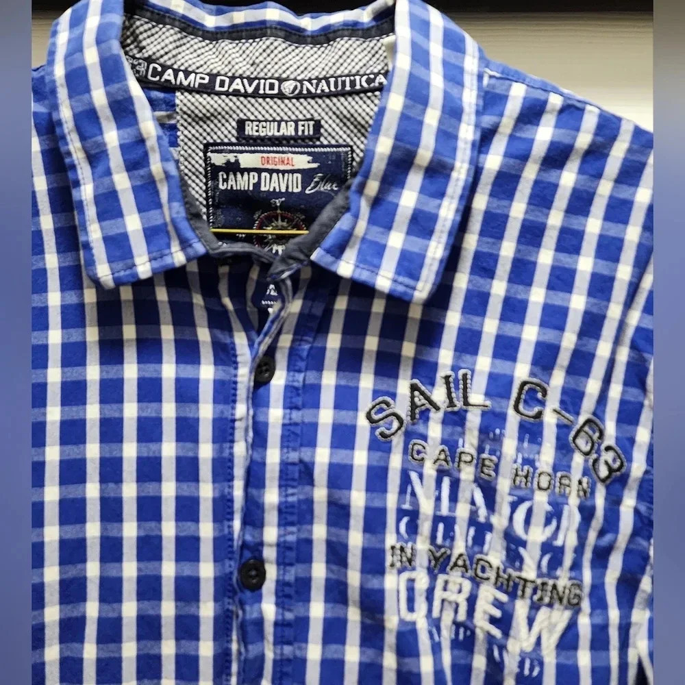 Camp David Nautical Button Down Shirt Men's Small Plaid Blue White Long Sleeve - Picture 1 of 7